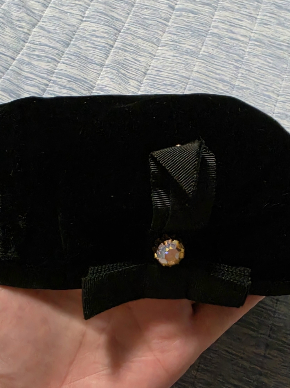 “Vintage 1940s 1950s NANCY Black Velvet Calot Cocktail Tilt Hat Rhinestone Bow R